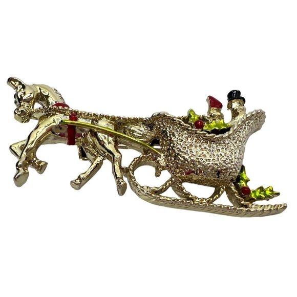 Vintage Gerrys Christmas Sleigh Horse Brooch Couple Holly Accents Gold-Tone Chic - Picture 5 of 7
